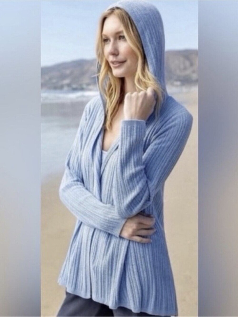 Barefoot Dreams CozyChic Ultra Lite Oasis Blue Ribbed Hooded Cardigan